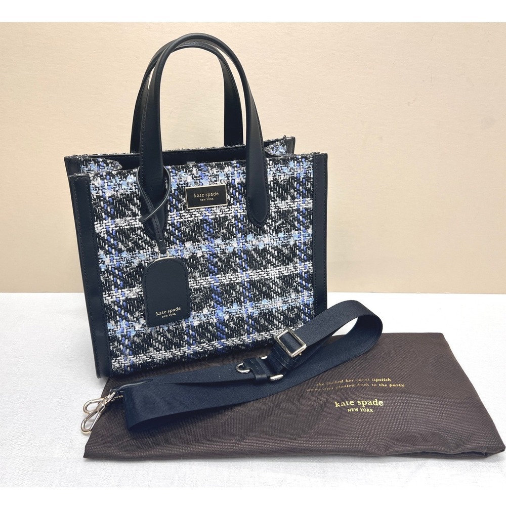 Kate Spade Manhattan Tote Womens Small Blue Black Excellent Tweed Crossbody Bag - Picture 2 of 11